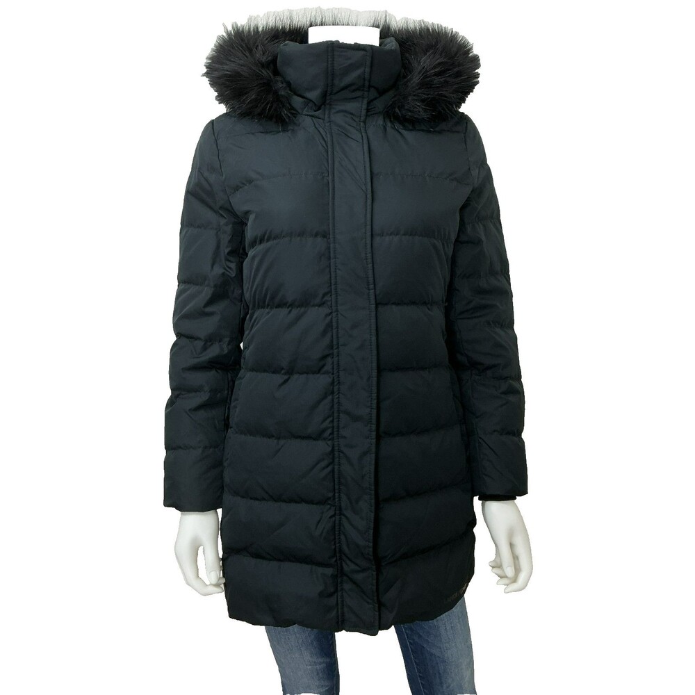 Lands End Womens Down Puffer Coat Parka XS Hooded Fur Trim Black Warm Outdoor